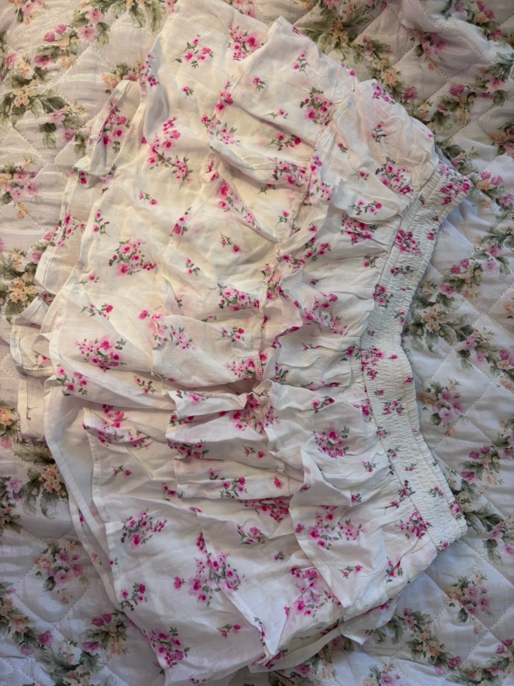 Hollister White Cotton Ruffle Mini Skirt with Pink Floral Print
